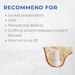 List of conditions for which a dental implant component is recommended, with an inset image of the component.